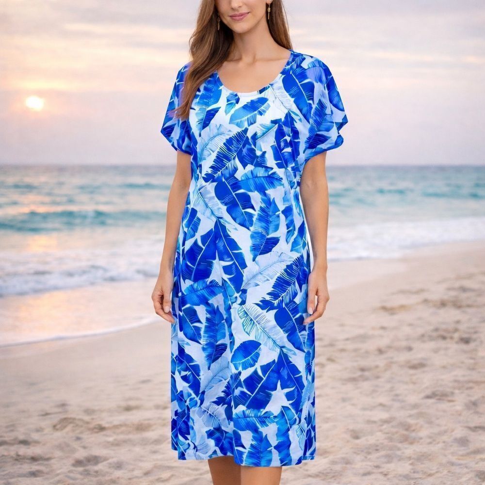 Land’s End navy bright blue white abstract palm print Cotton midi dress SP
